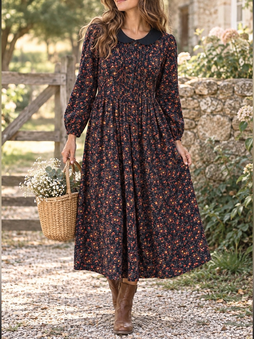 Eddie Bauer Vintage 80’s 90’s Floral Corduroy Peter Pan Collar MIDI Dress